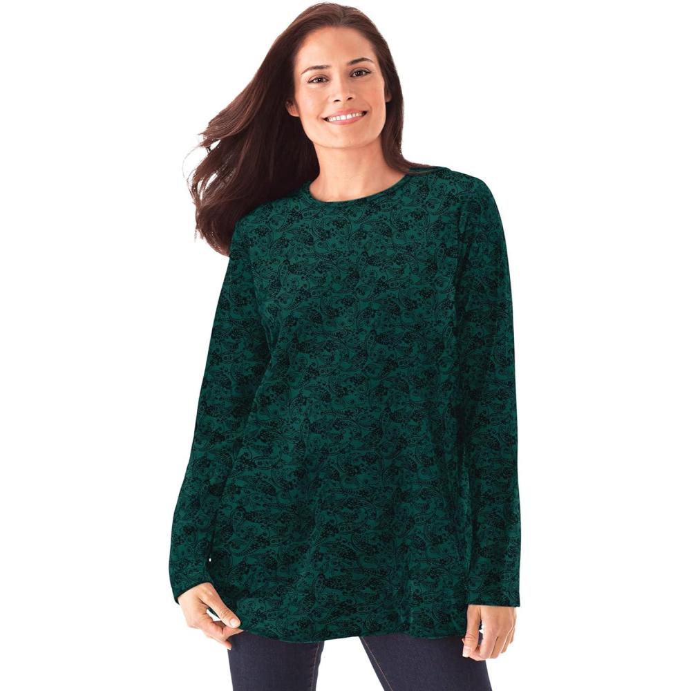 image:imageWoman Within Plus Size Plush Velour Tunic SweatshirtEmerald Green Floral Paisley
