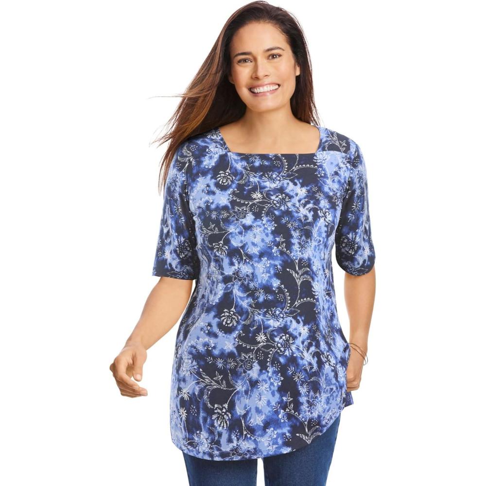 image:imageWoman Within Plus Size Printed Perfect SquareNeck TeeNavy Floral Tie Dye