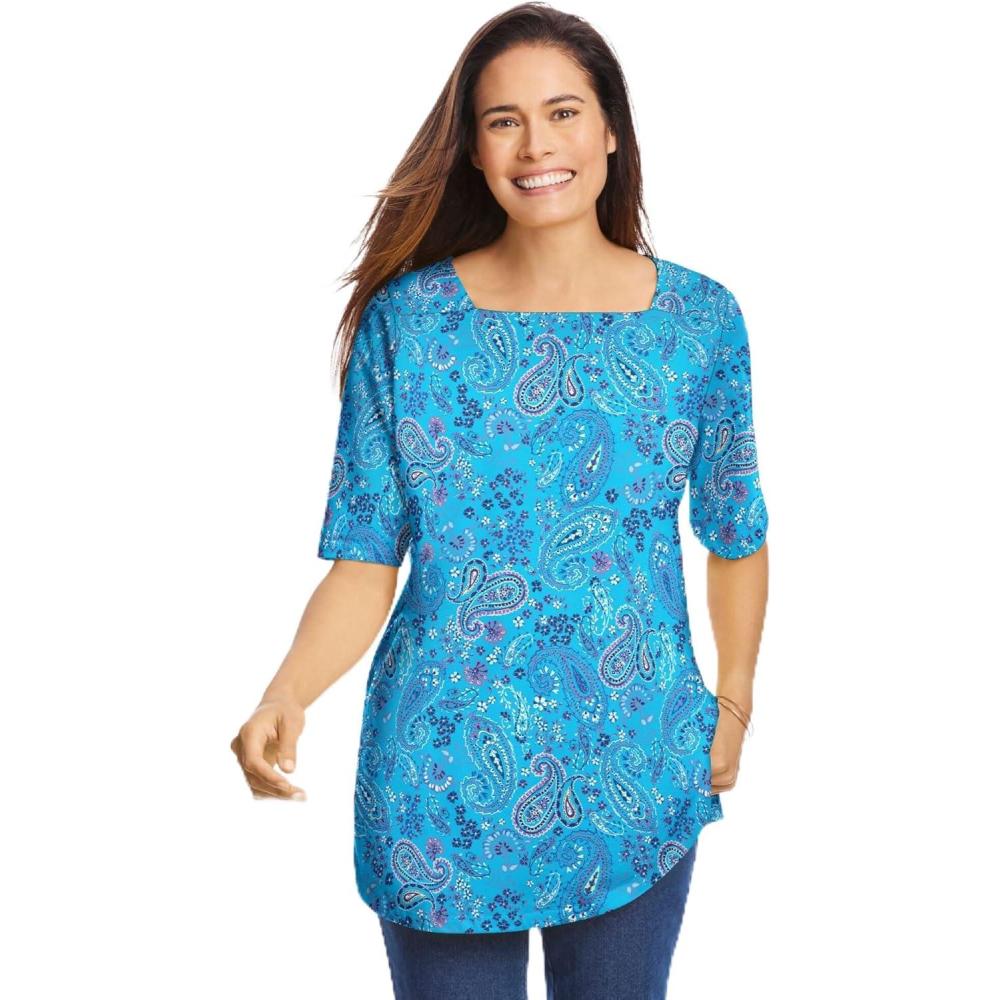 image:imageWoman Within Plus Size Printed Perfect SquareNeck TeePretty Turquoise Paisley