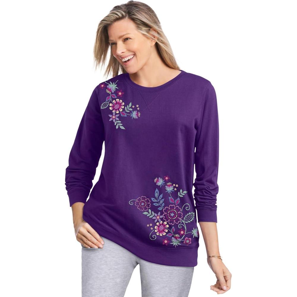 image:imageWoman Within Plus Size Printed SweatshirtRadiant Purple Multi Floral Embroidery