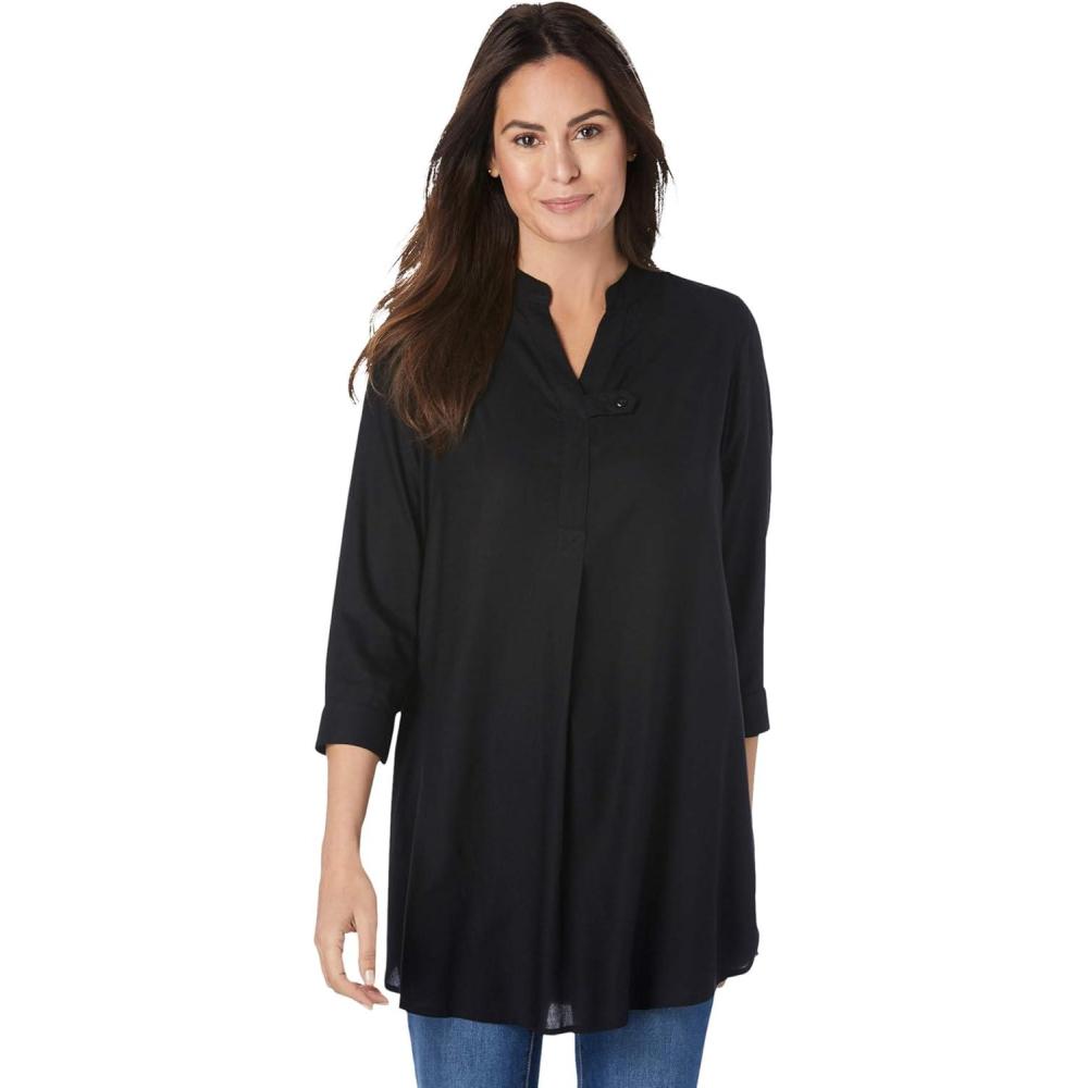image:imageWoman Within Plus Size Rayon ThreeQuarter Sleeve Effortless TabFront BlouseBlack