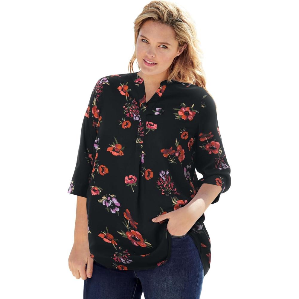 image:imageWoman Within Plus Size Rayon ThreeQuarter Sleeve Effortless TabFront BlouseBlack Magnolia