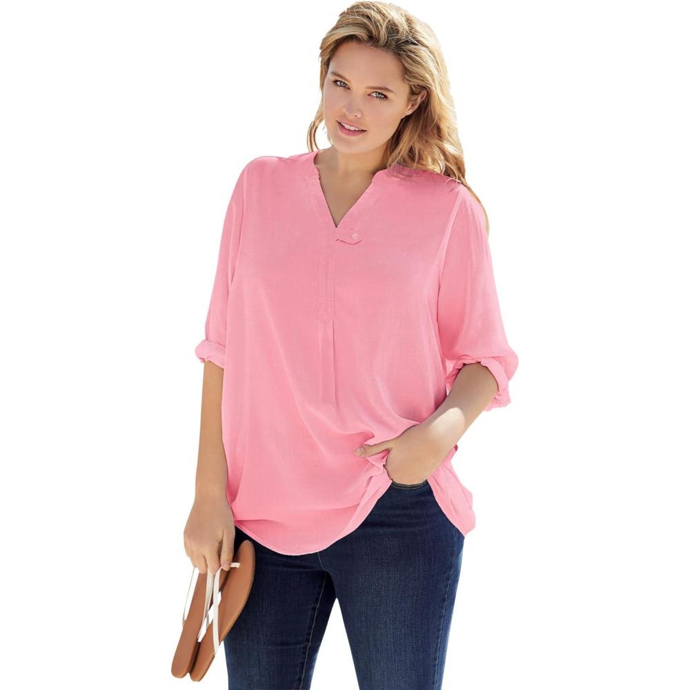 image:imageWoman Within Plus Size Rayon ThreeQuarter Sleeve Effortless TabFront BlouseBright Rose