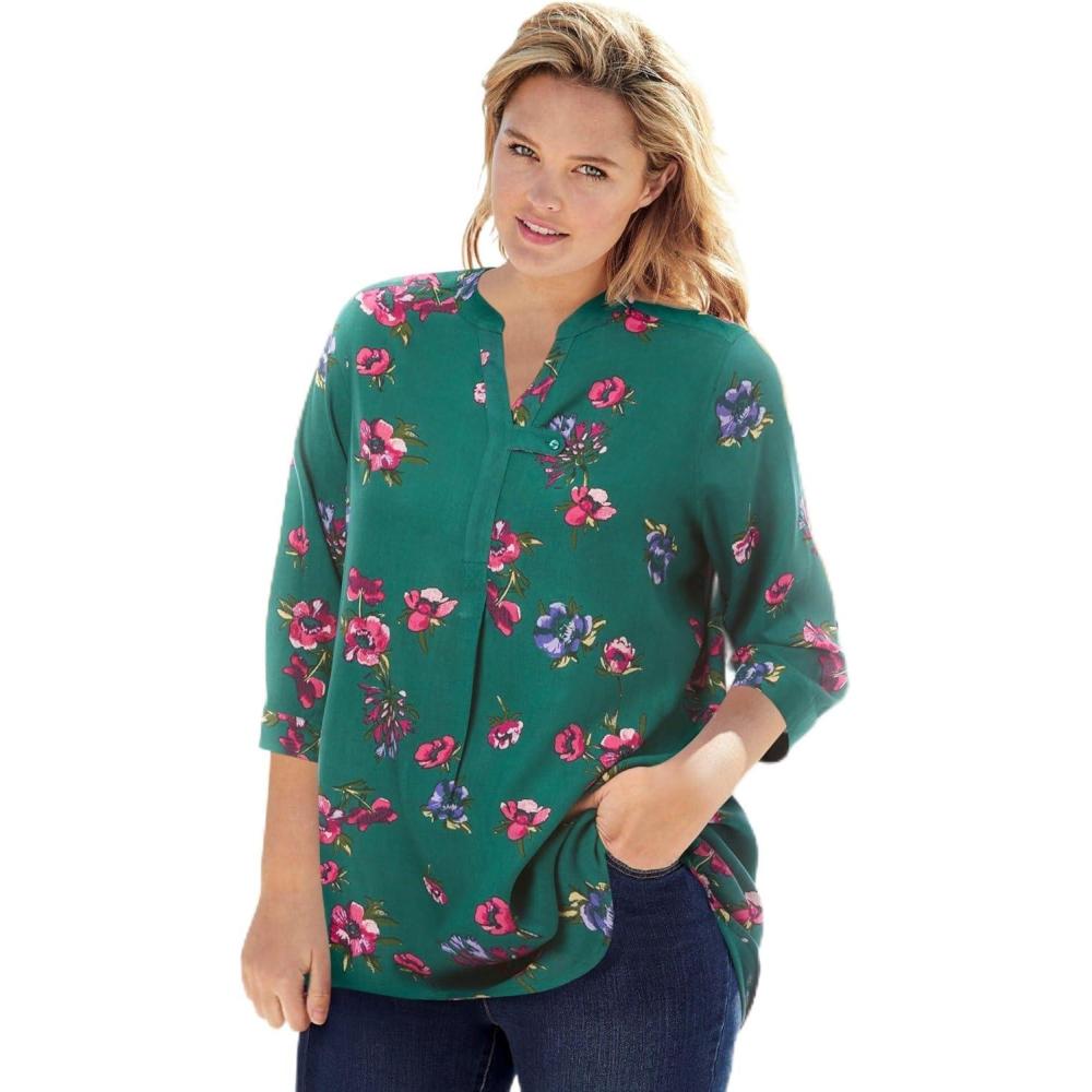image:imageWoman Within Plus Size Rayon ThreeQuarter Sleeve Effortless TabFront BlouseEmerald Green Magnolia