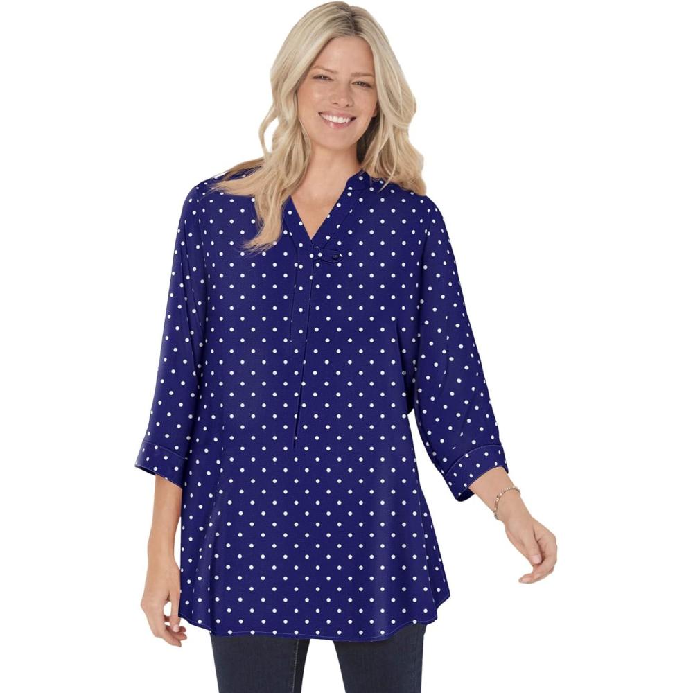 image:imageWoman Within Plus Size Rayon ThreeQuarter Sleeve Effortless TabFront BlouseNavy Dot
