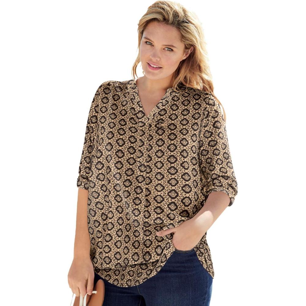 image:imageWoman Within Plus Size Rayon ThreeQuarter Sleeve Effortless TabFront BlouseNew Khaki Geo