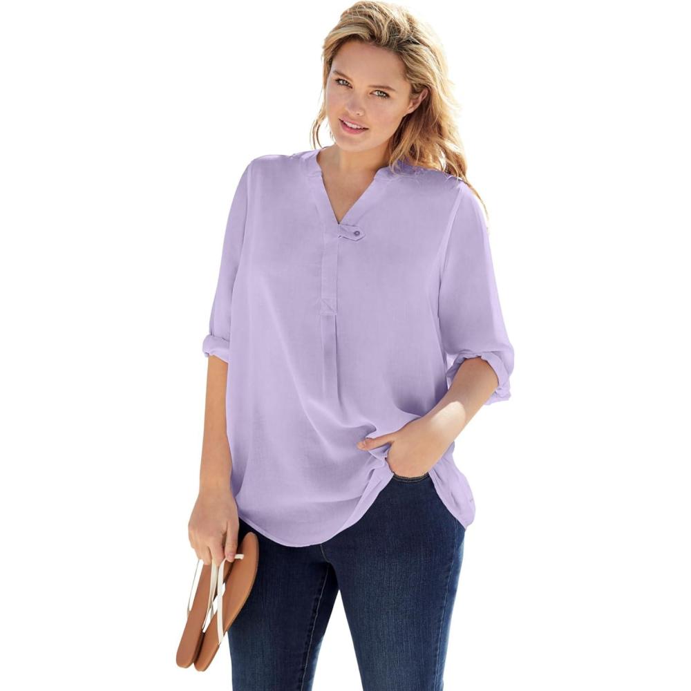 image:imageWoman Within Plus Size Rayon ThreeQuarter Sleeve Effortless TabFront BlousePale Lilac