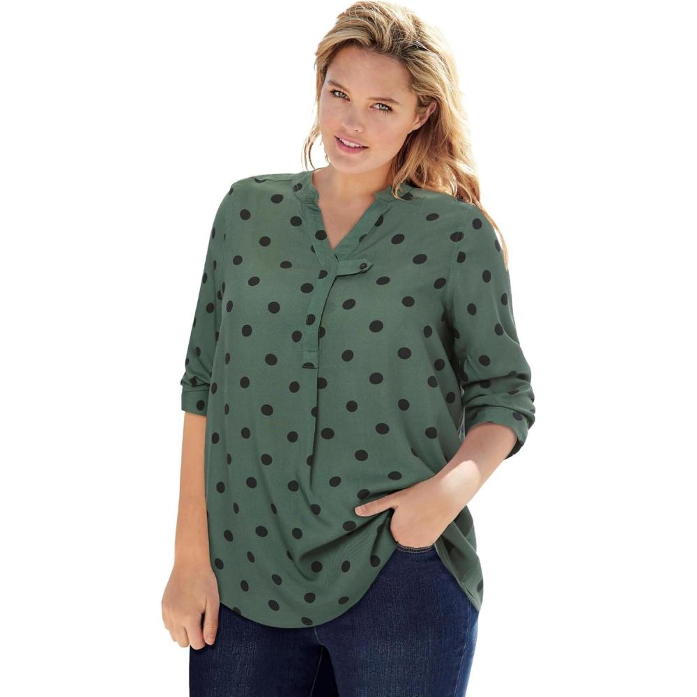 image:imageWoman Within Plus Size Rayon ThreeQuarter Sleeve Effortless TabFront BlousePine Dot