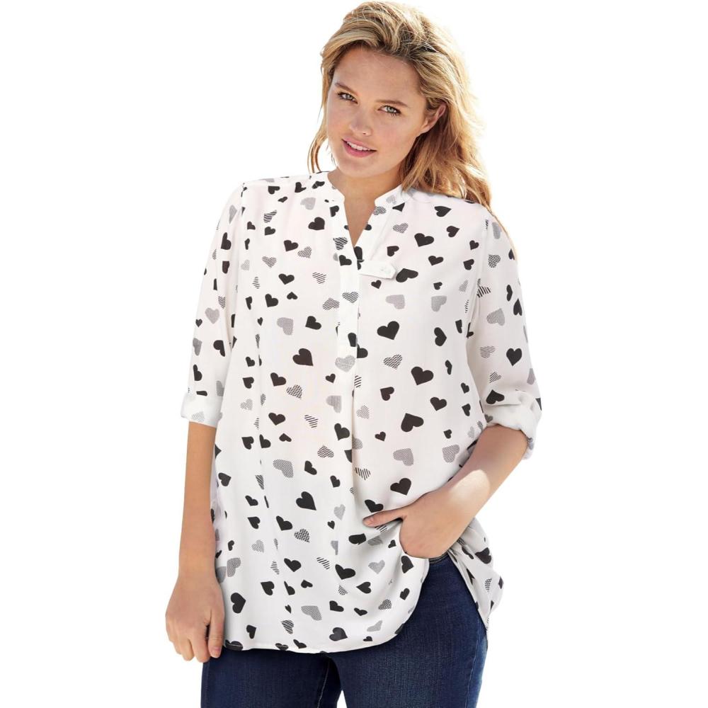 image:imageWoman Within Plus Size Rayon ThreeQuarter Sleeve Effortless TabFront BlouseWhite Heart Stencil