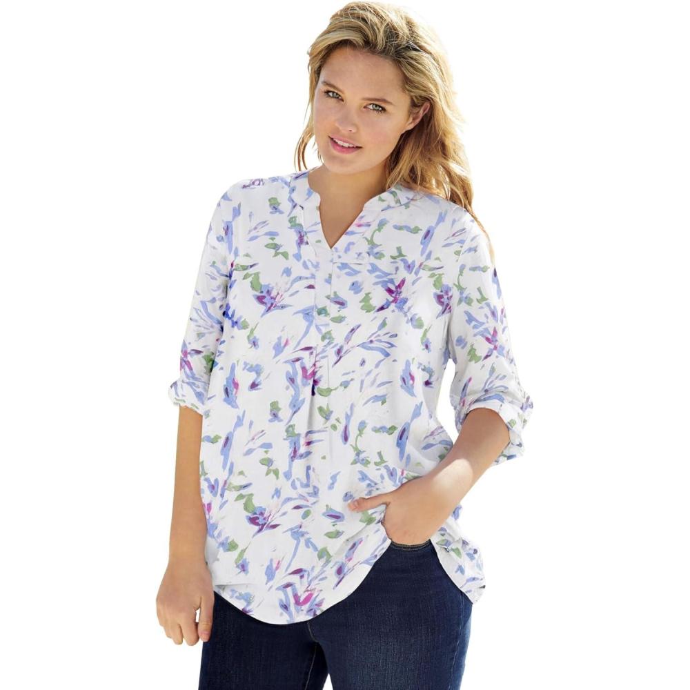 image:imageWoman Within Plus Size Rayon ThreeQuarter Sleeve Effortless TabFront BlouseWhite Misty Floral