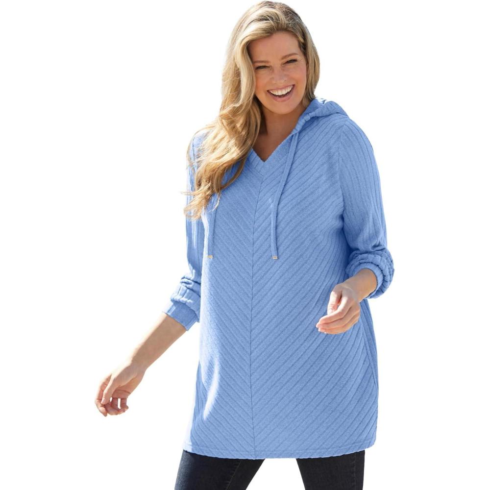 image:imageWoman Within Plus Size RibKnit Sherpa Hoodie SweatshirtFrench Blue