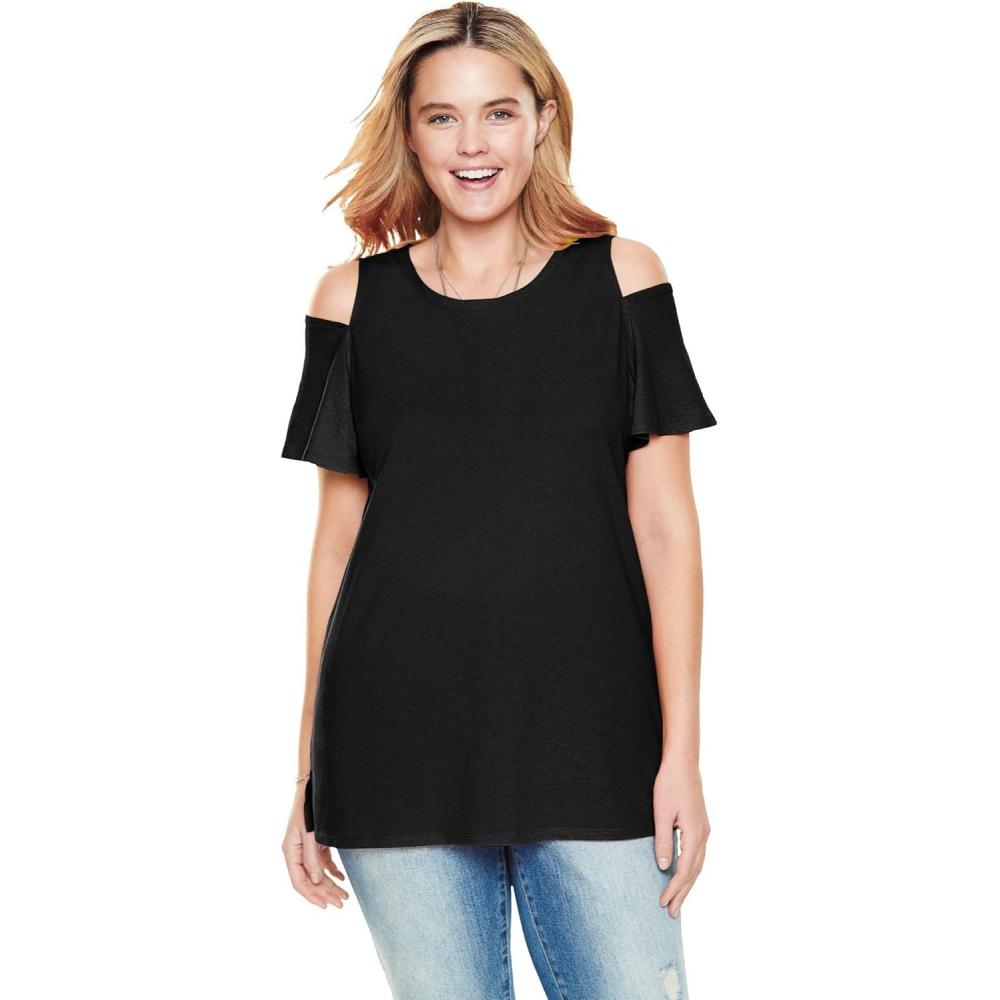 image:imageWoman Within Plus Size ShortSleeve ColdShoulder TeeBlack