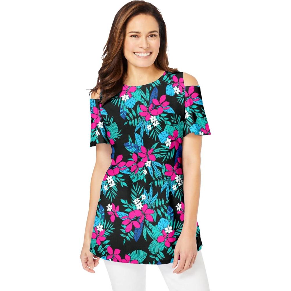 image:imageWoman Within Plus Size ShortSleeve ColdShoulder TeeBlack Multi Tropical