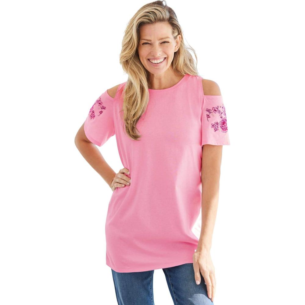 image:imageWoman Within Plus Size ShortSleeve ColdShoulder TeeDelicate Pink Rose Embroidery
