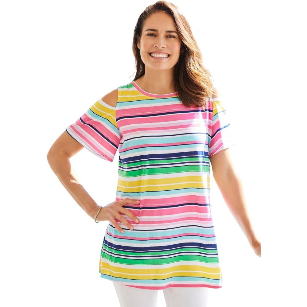 image:imageWoman Within Plus Size ShortSleeve ColdShoulder TeeWhite Charming Stripe