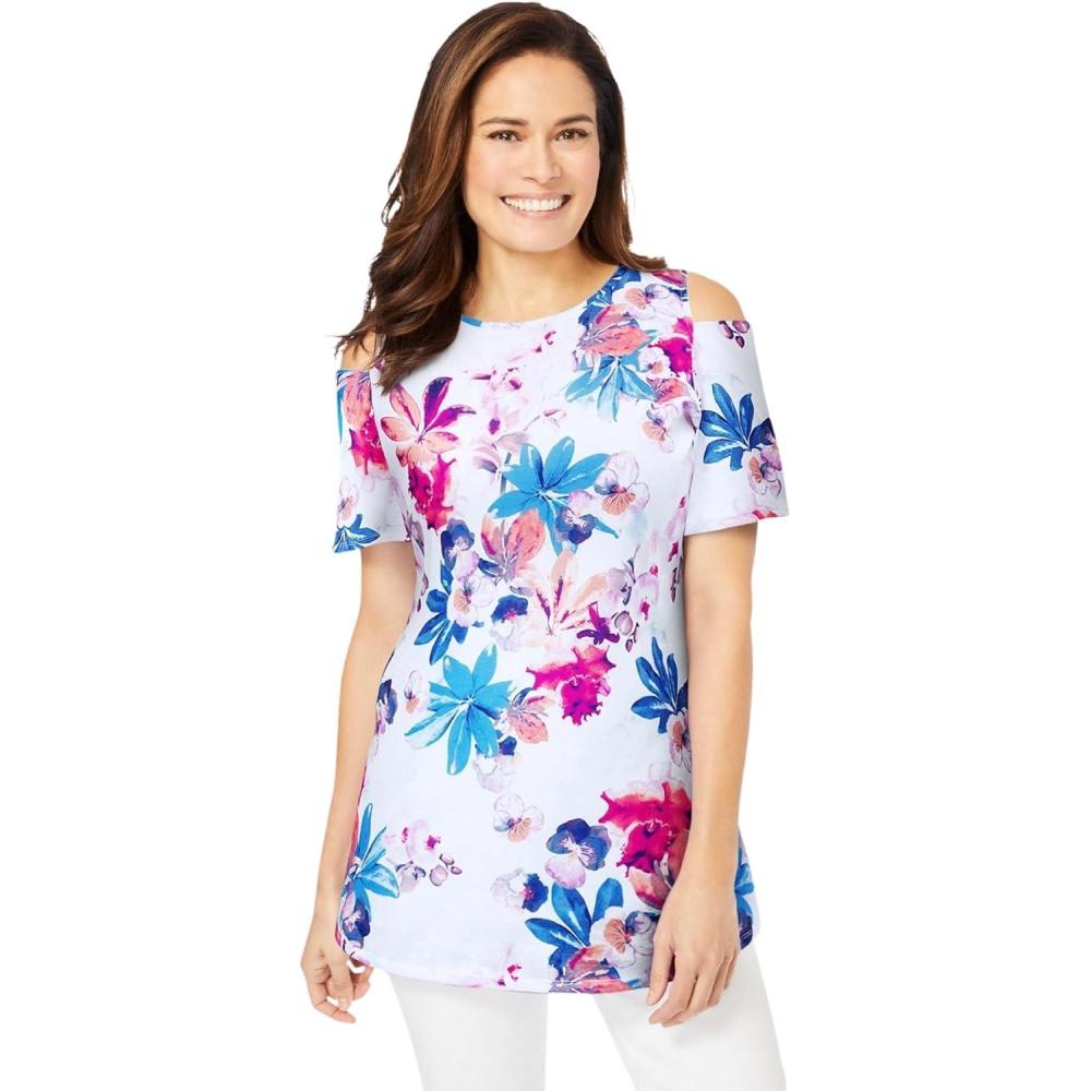 image:imageWoman Within Plus Size ShortSleeve ColdShoulder TeeWhite Multi Flower