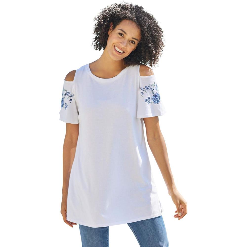 image:imageWoman Within Plus Size ShortSleeve ColdShoulder TeeWhite Rose Embroidery