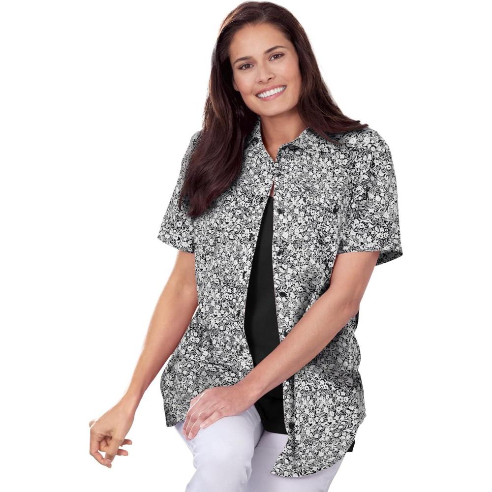 image:imageWoman Within Plus Size ShortSleeve Cotton CampshirtBlack Paisley Ditsy