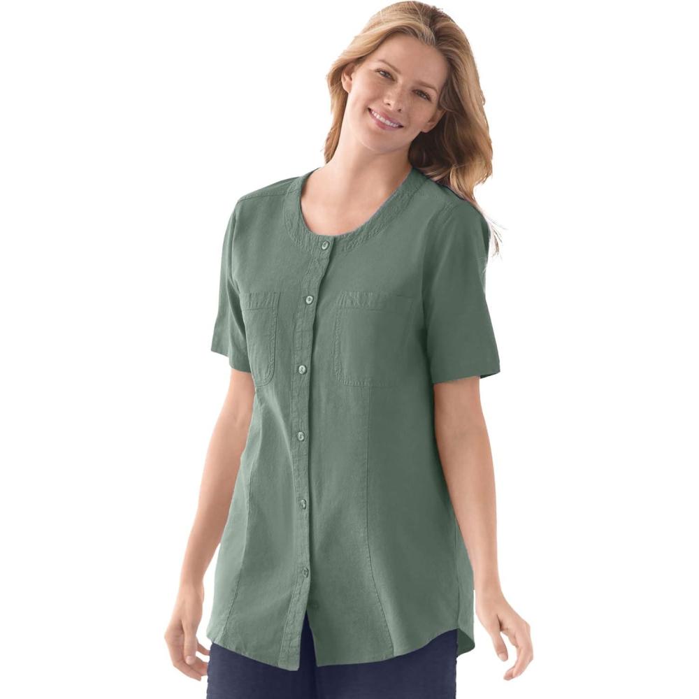 image:imageWoman Within Plus Size ShortSleeve Crinkle ShirtPine