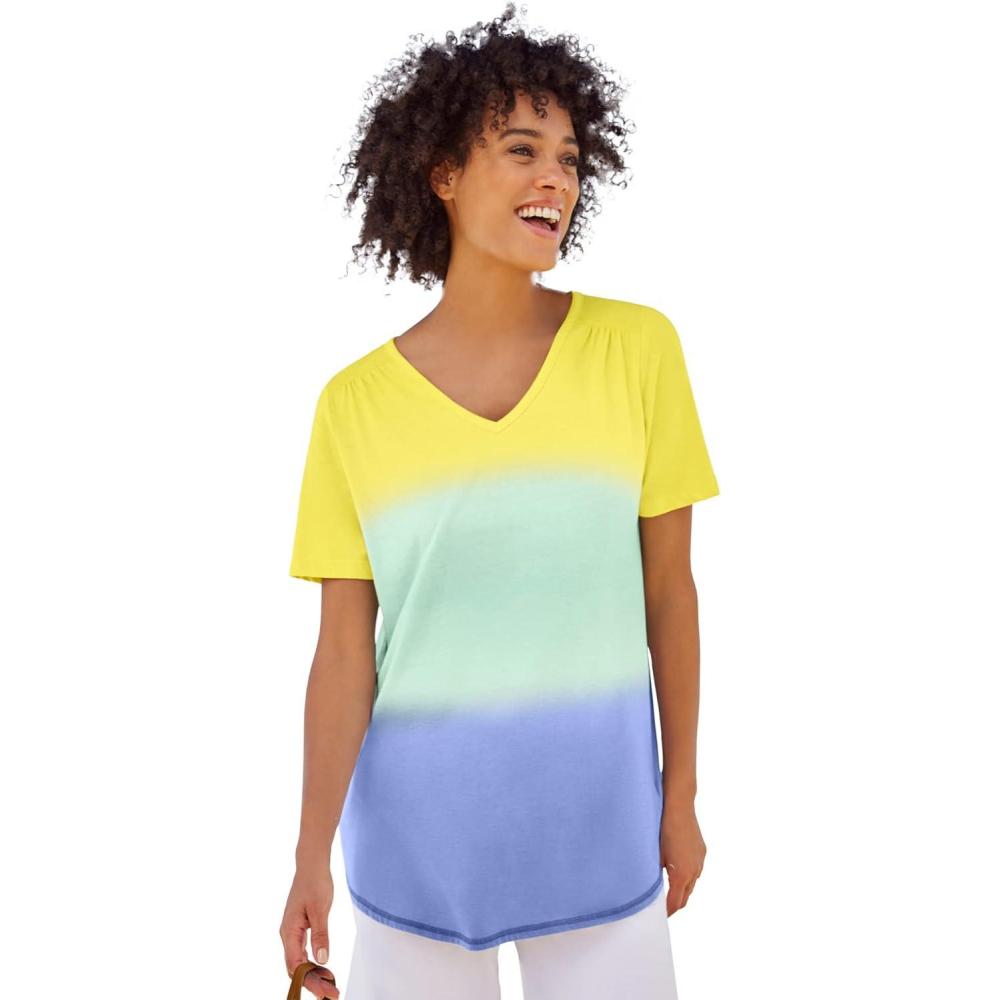 image:imageWoman Within Plus Size ShortSleeve VNeck Shirred TeeMulti Dip Dye