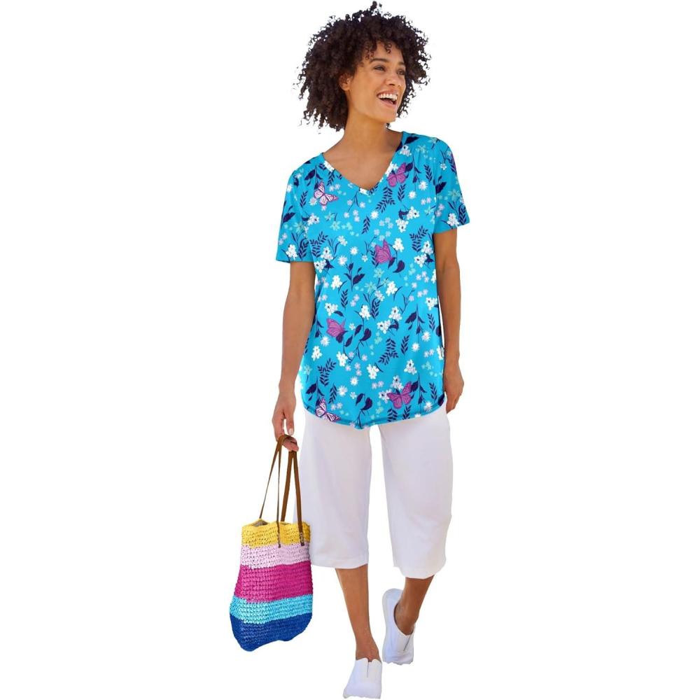 image:imageWoman Within Plus Size ShortSleeve VNeck Shirred TeePretty Turquoise Butterflies