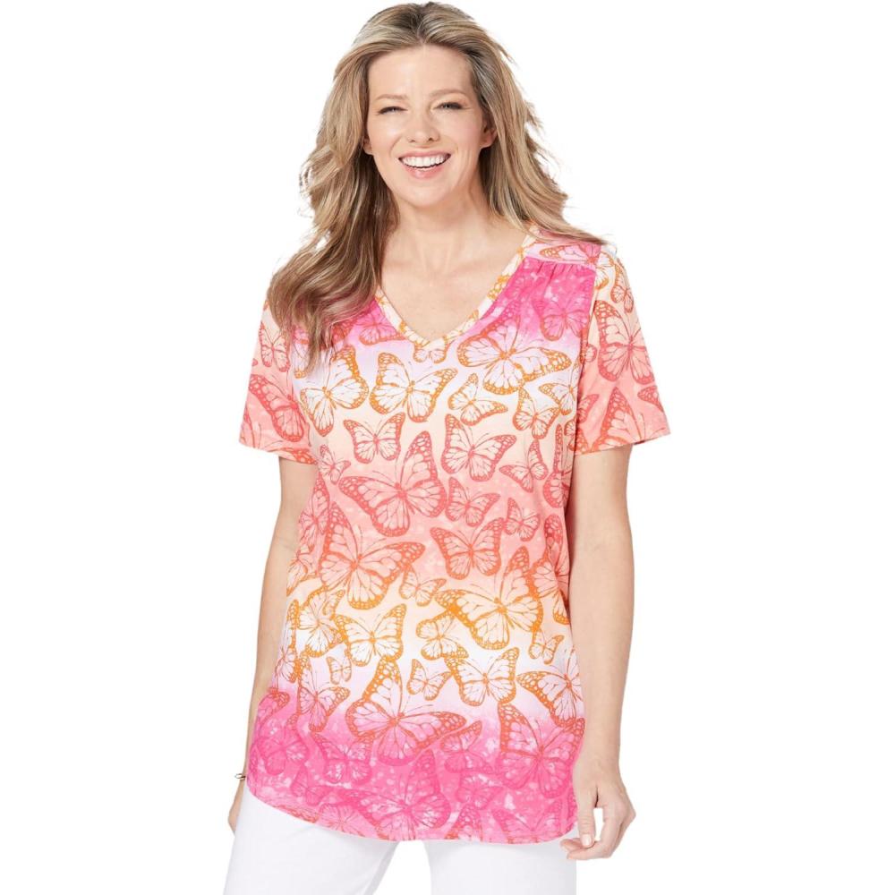 image:imageWoman Within Plus Size ShortSleeve VNeck Shirred TeeRaspberry Sorbet Ombre Butterfly