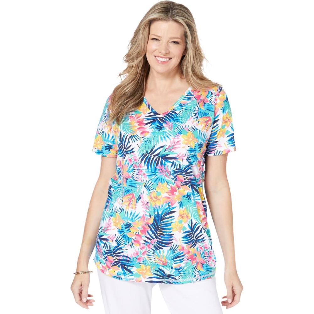 image:imageWoman Within Plus Size ShortSleeve VNeck Shirred TeeWhite Multi Tropicana