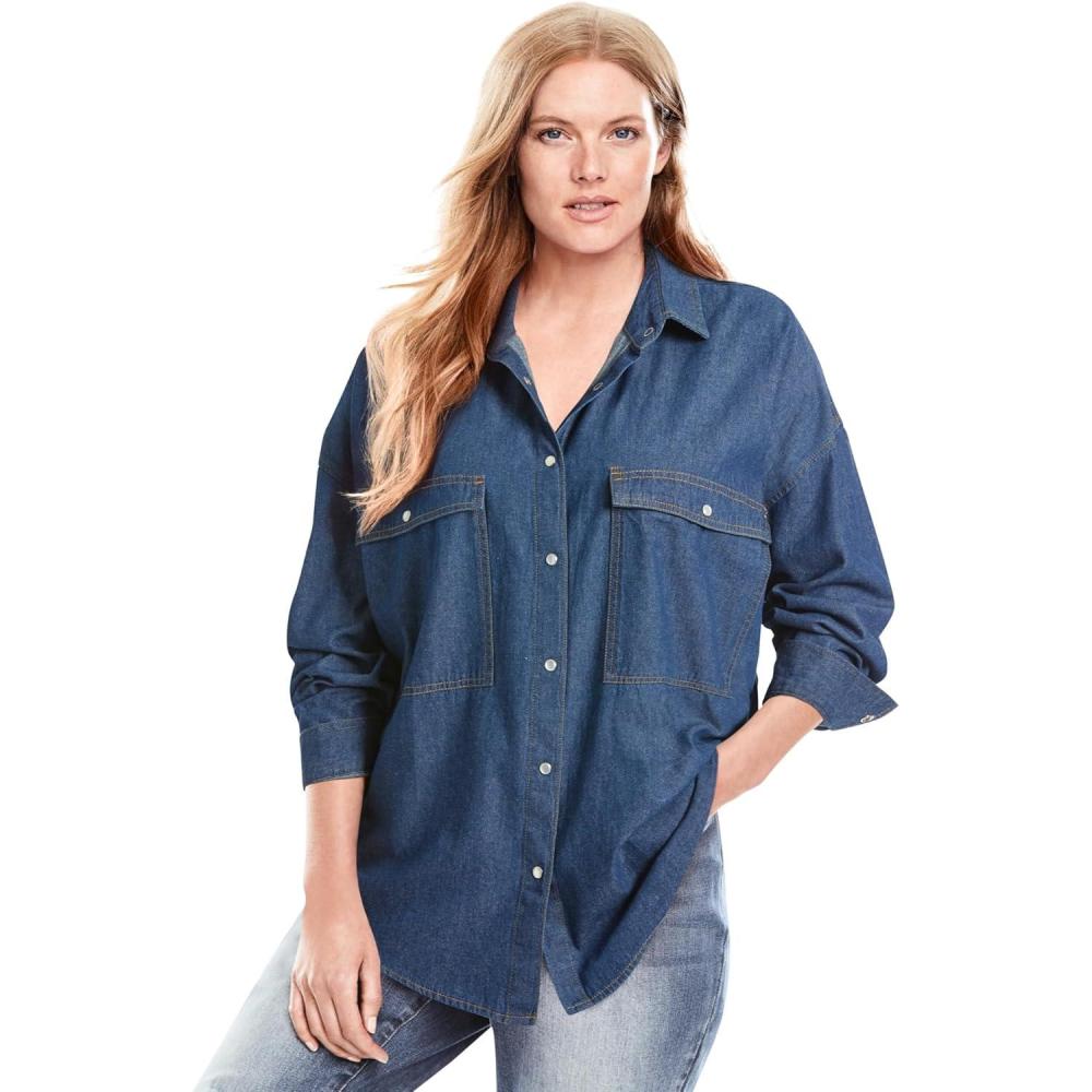 image:imageWoman Within Plus Size Snap Front 4Pocket Denim Big ShirtMedium Stonewash