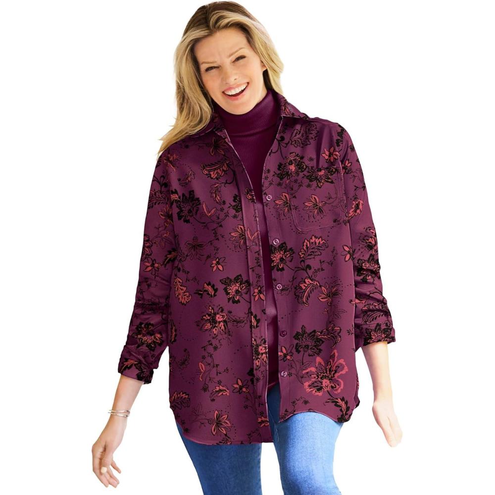 image:imageWoman Within Plus Size Soft Faux Suede ShirtDeep Claret Sketched Folk
