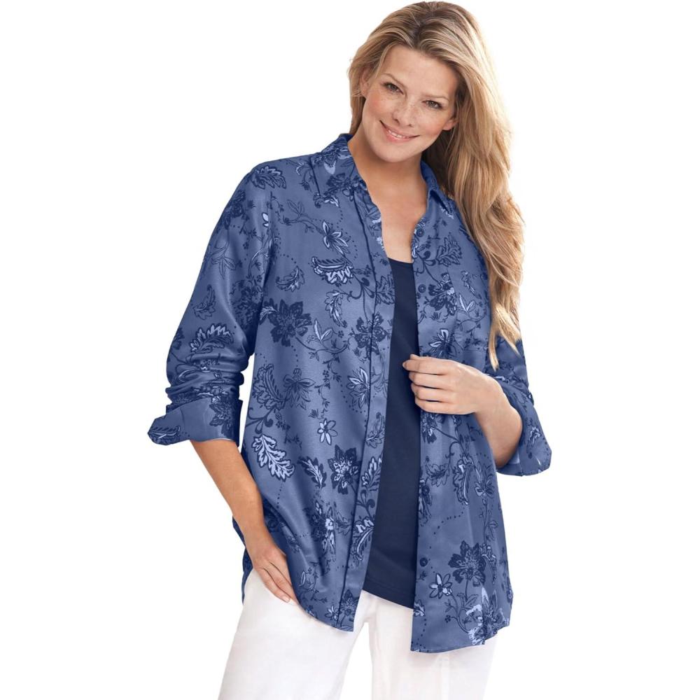 image:imageWoman Within Plus Size Soft Faux Suede ShirtLight Indigo Sketched Folk