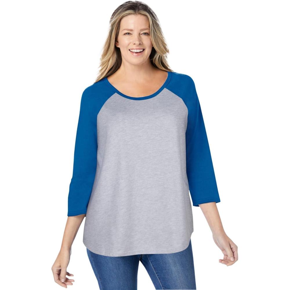 image:imageWoman Within Plus Size ThreeQuarter Sleeve Baseball TeeClassic Heather Grey Bright Cobalt
