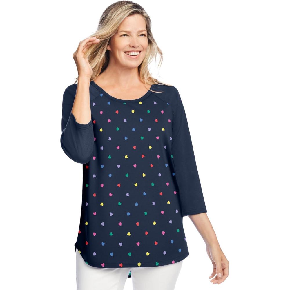 image:imageWoman Within Plus Size ThreeQuarter Sleeve Baseball TeeNavy Multi Sprinkle Hearts