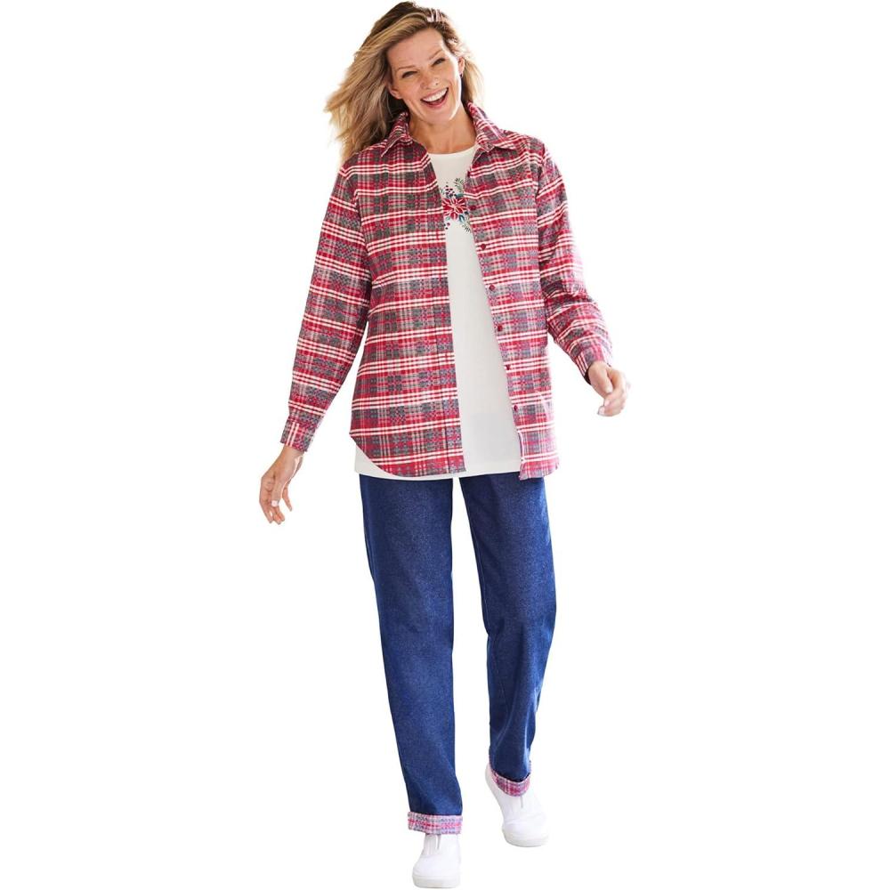 image:imageWoman Within Plus Size TwoPiece Flannel Shirt and TeeClassic Red Winter Plaid