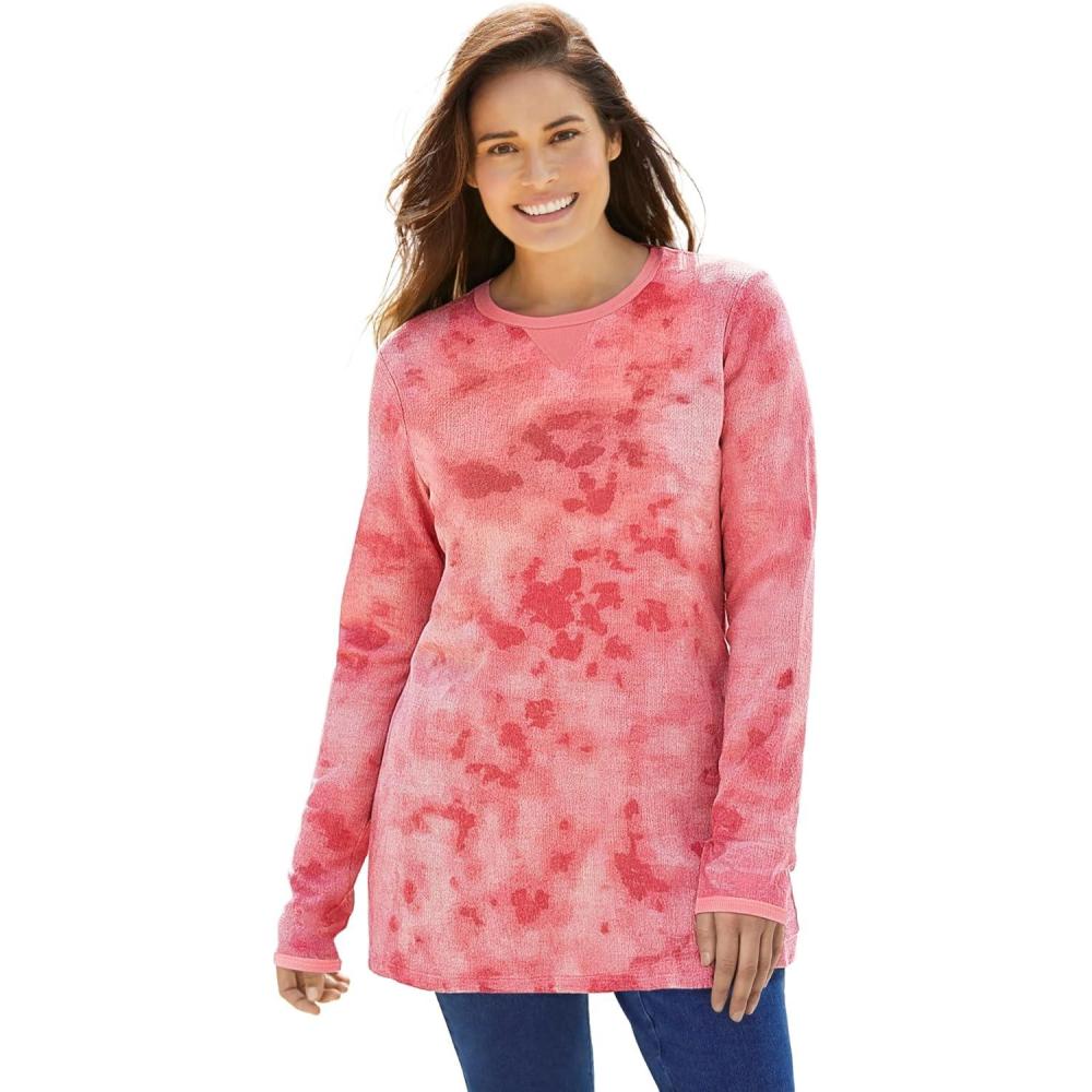 image:imageWoman Within Plus Size Ultra Soft Waffle Thermal SweatshirtCoral Tie Dye