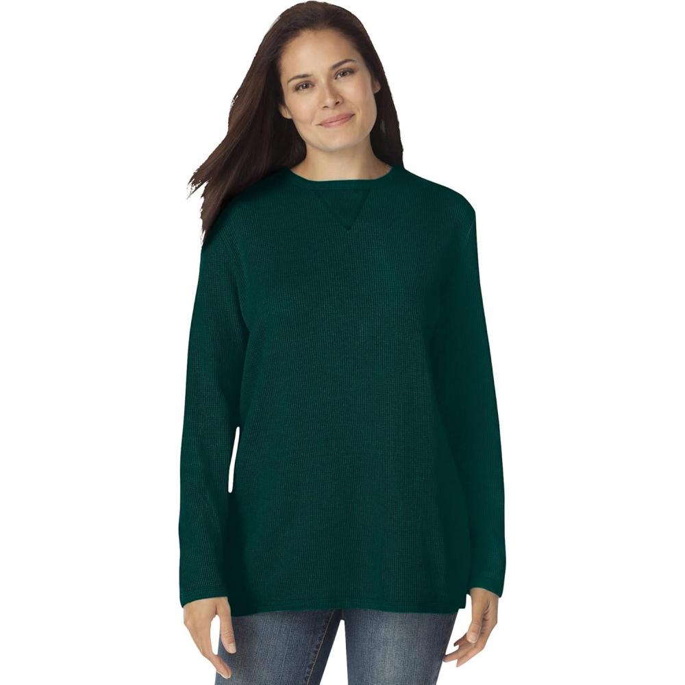 image:imageWoman Within Plus Size Ultra Soft Waffle Thermal SweatshirtEmerald Green