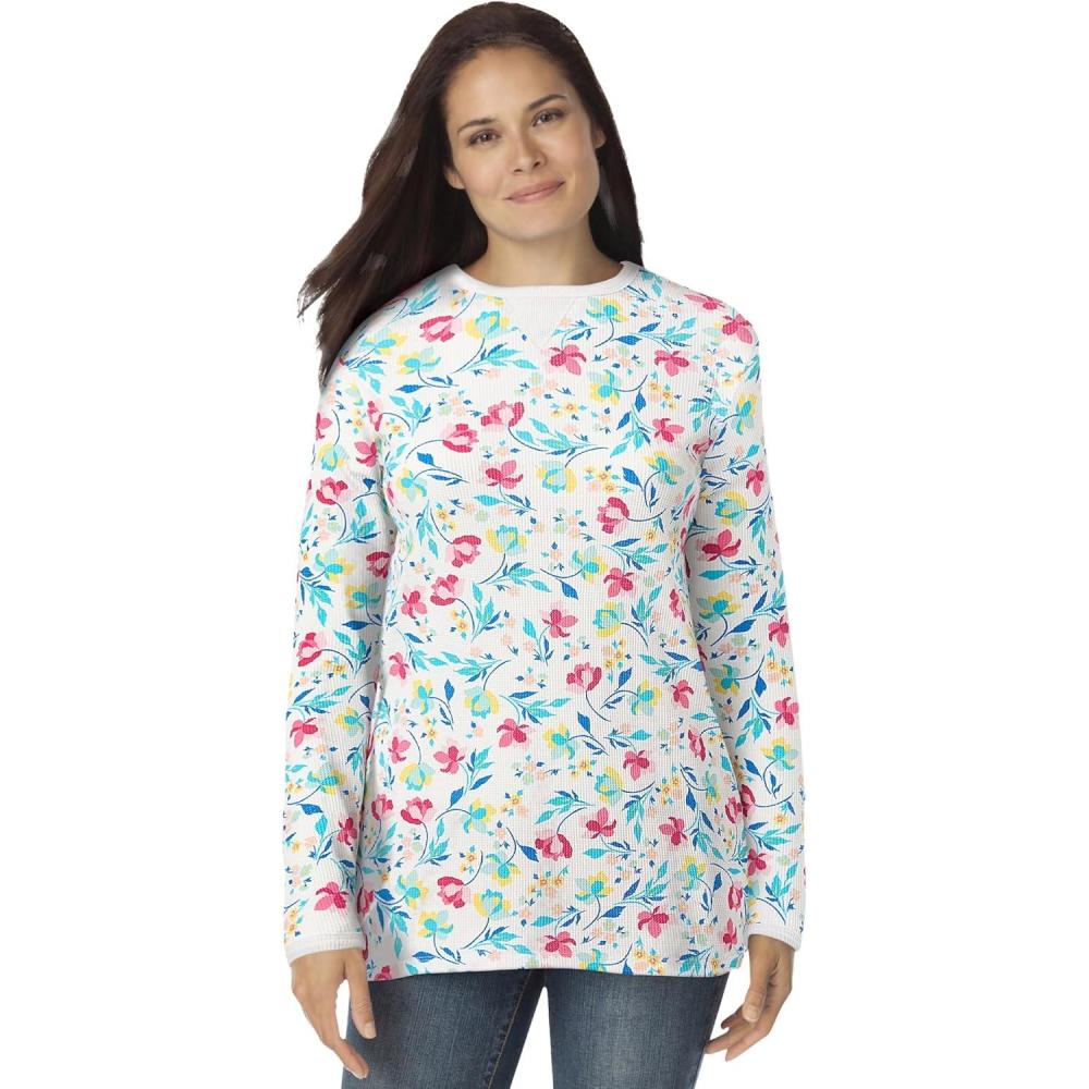 image:imageWoman Within Plus Size Ultra Soft Waffle Thermal SweatshirtWhite Multi Dancing Floral