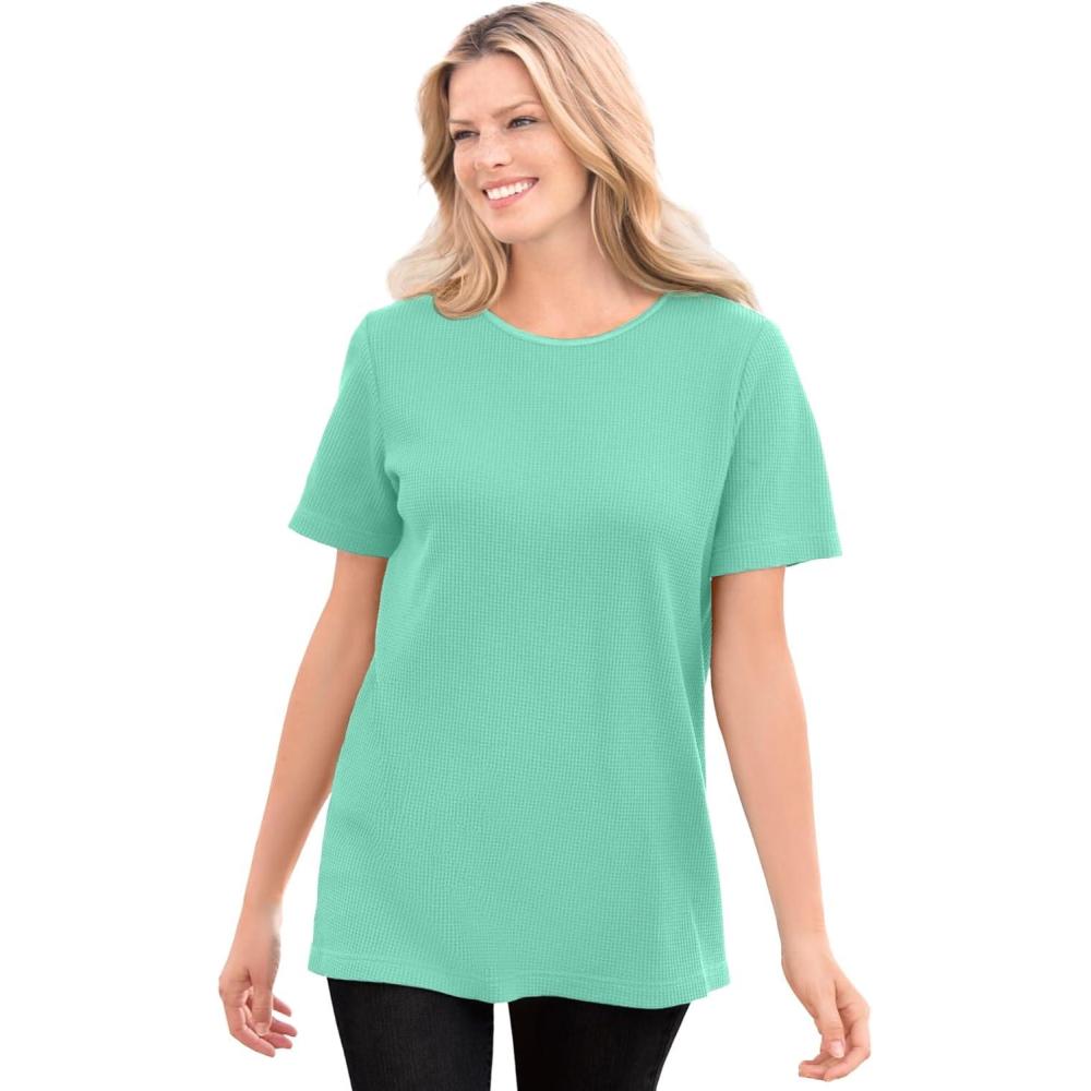 image:imageWoman Within Plus Size Waffle Thermal Satin Trim TeePale Seafoam