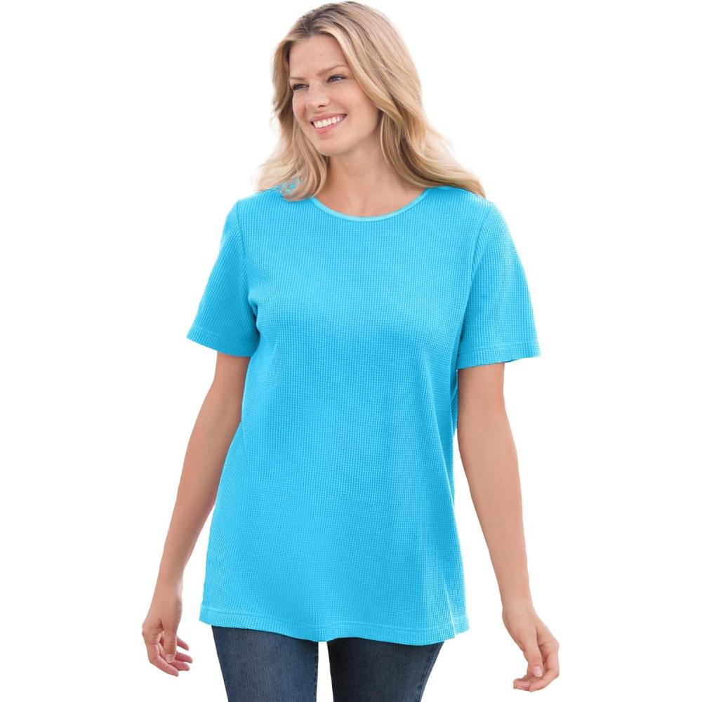 image:imageWoman Within Plus Size Waffle Thermal Satin Trim TeeParadise Blue