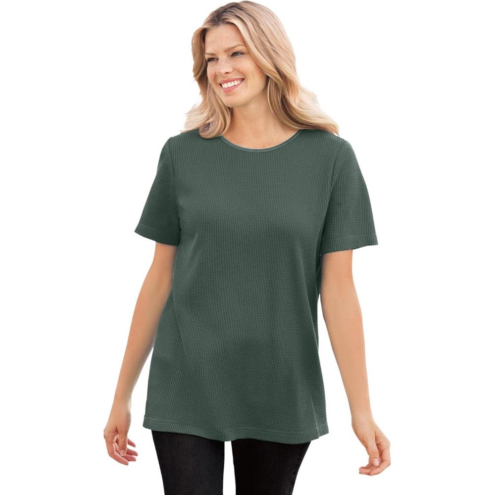 image:imageWoman Within Plus Size Waffle Thermal Satin Trim TeePine