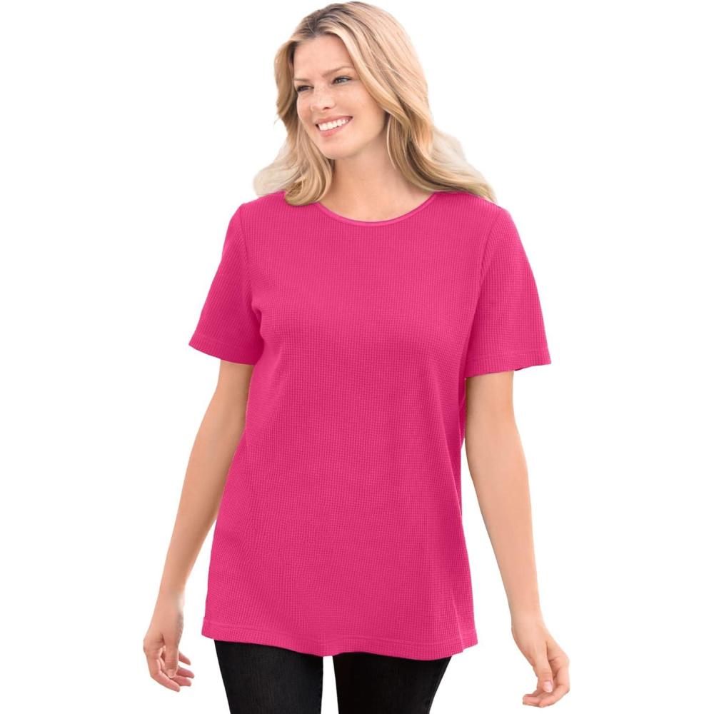 image:imageWoman Within Plus Size Waffle Thermal Satin Trim TeeRaspberry Sorbet