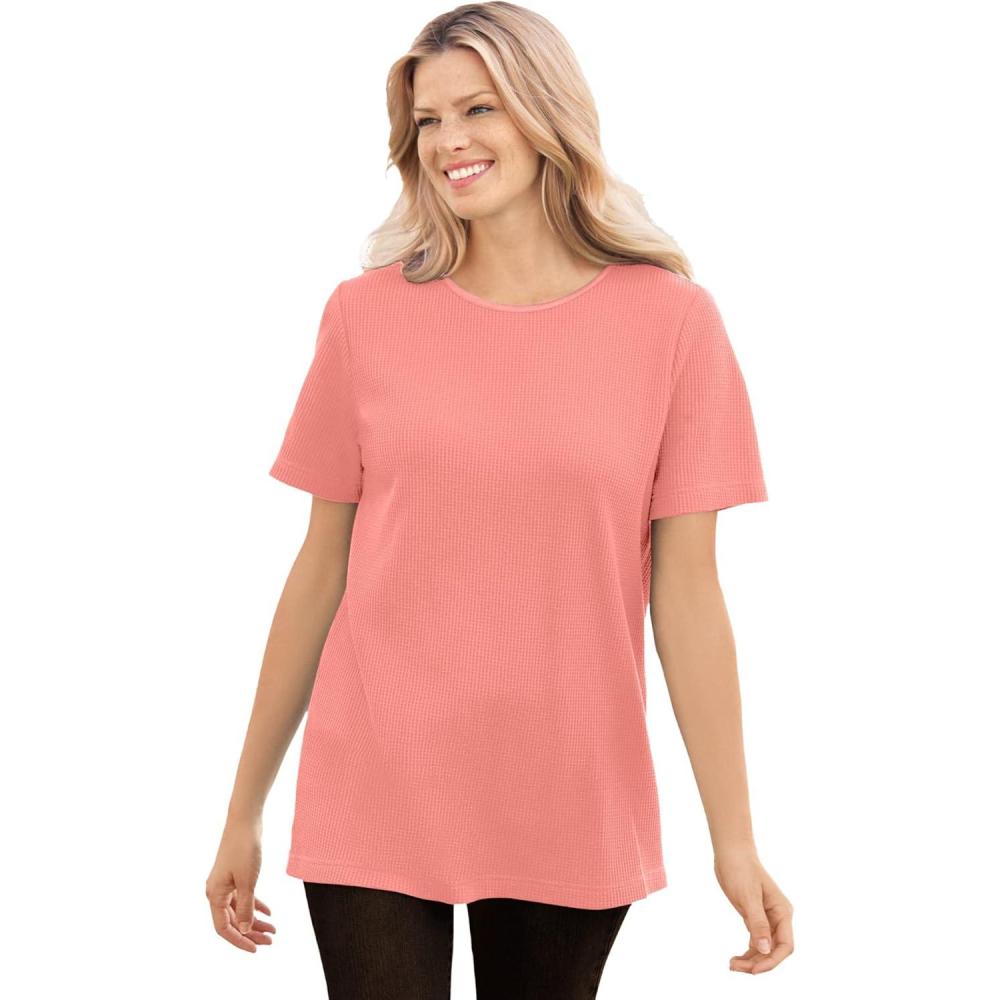 image:imageWoman Within Plus Size Waffle Thermal Satin Trim TeeSweet Coral