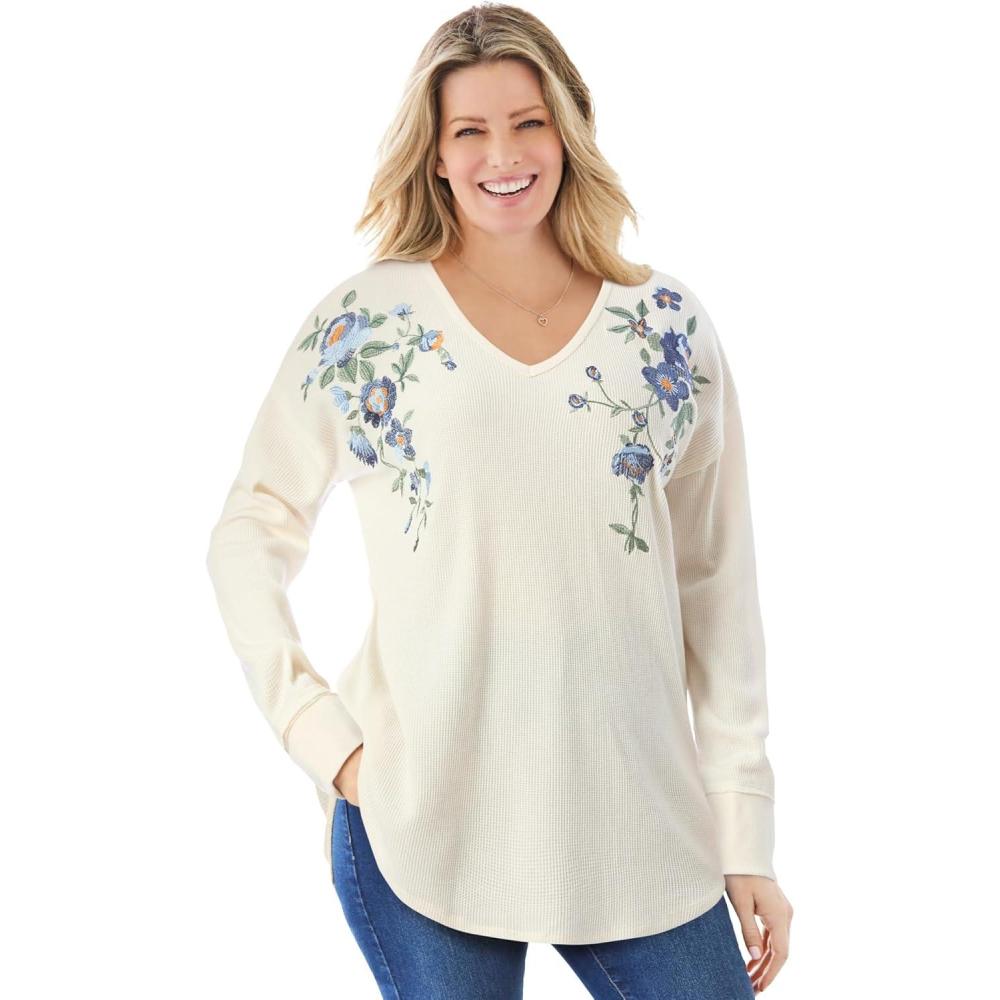 image:imageWoman Within Plus Size Waffle Thermal VNeck TeeIvory Flower Embroidery