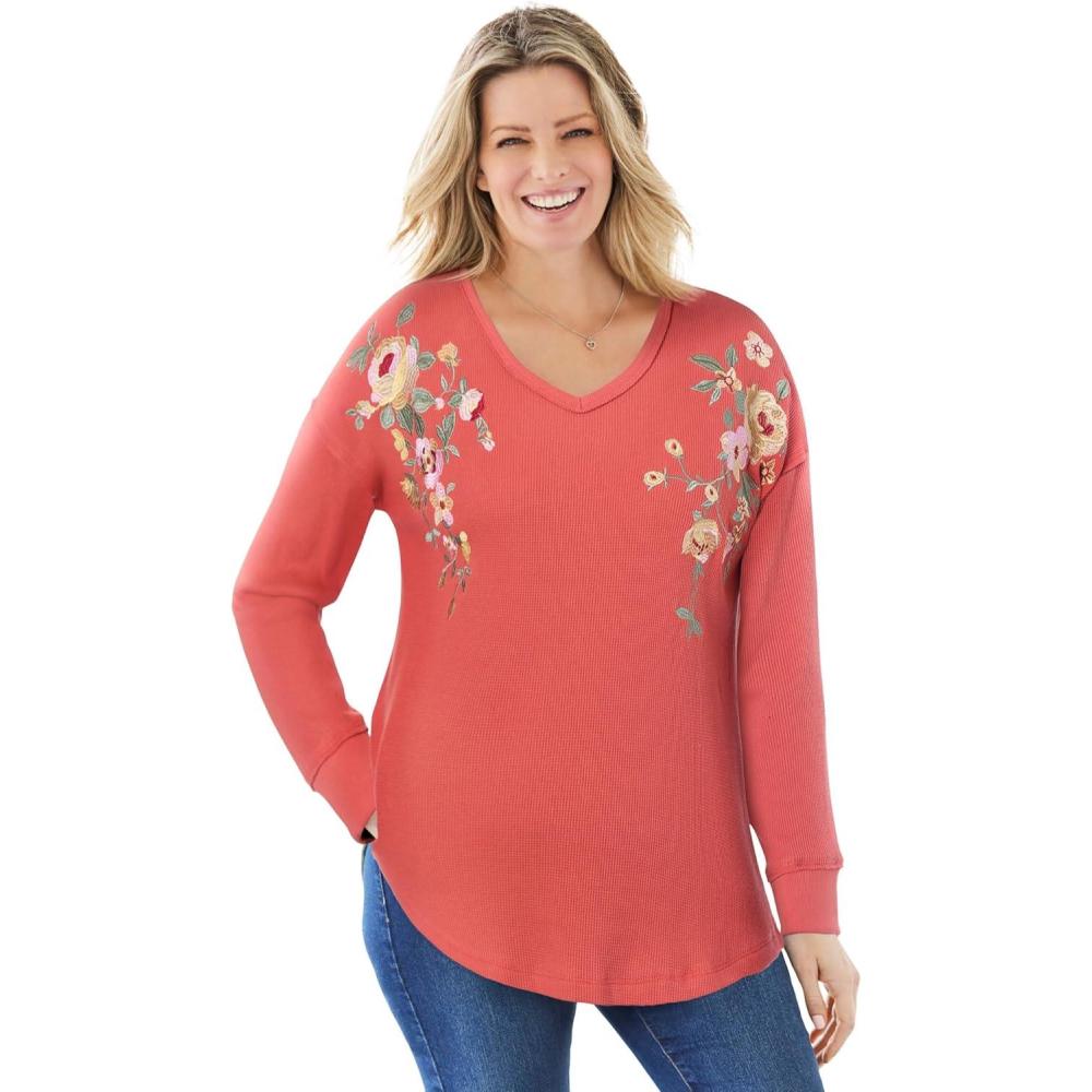 image:imageWoman Within Plus Size Waffle Thermal VNeck TeePumpkin Flower Embroidery