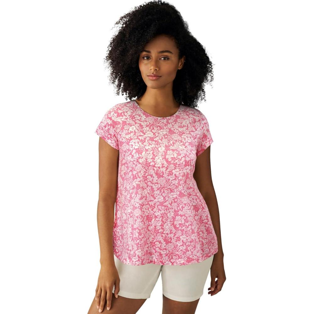 image:imageellos Plus Size Cotton Jersey Slub Cap Sleeve Trapeze TeeDelicate Pink White Floral