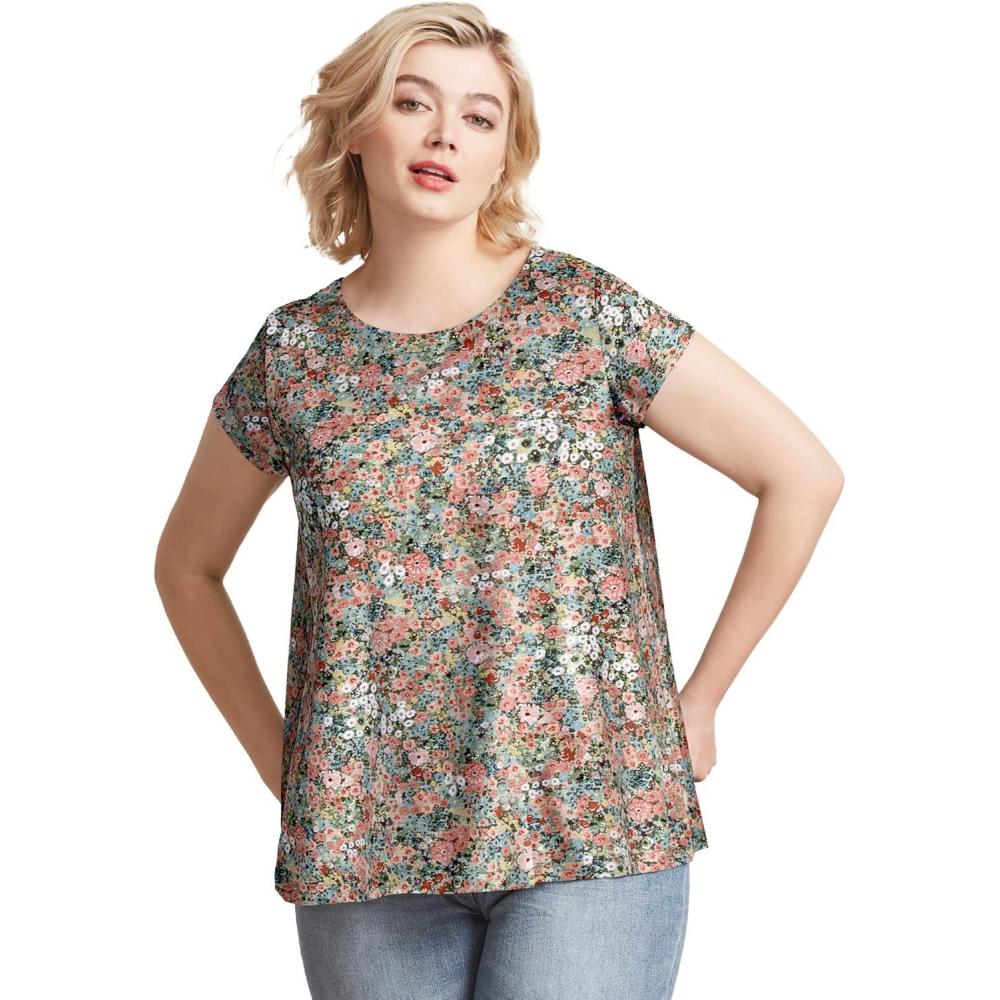 image:imageellos Plus Size Cotton Jersey Slub Cap Sleeve Trapeze TeeGrey Spruce Ditsy Floral