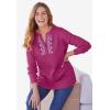 Woman Within Plus Size Embroidered Thermal Henley Tee(Pink Vine Embroidery)