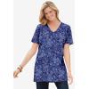 Woman Within Plus Size Perfect Printed Short-Sleeve Shirred V-Neck Tunic(Pretty Jade Jacquard Floral)