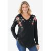 Woman Within Plus Size Waffle Thermal V-Neck Tee(Ivory Flower Embroidery)