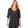 Woman Within Plus Size 7-Day Three-Quarter Sleeve Pintucked Henley Tunic(Black Soft Iris Pretty Bouquet)