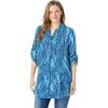 Woman Within Plus Size Pintucked Button Down Gauze Shirt(Paradise Blue Watercolor Palm)